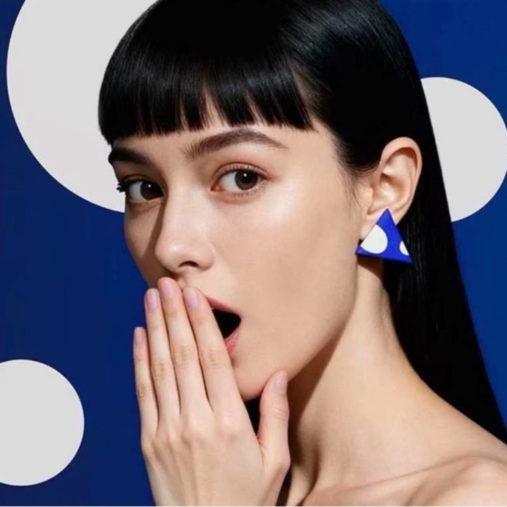 Bold Blue Triangle Earrings with White Dot Accent